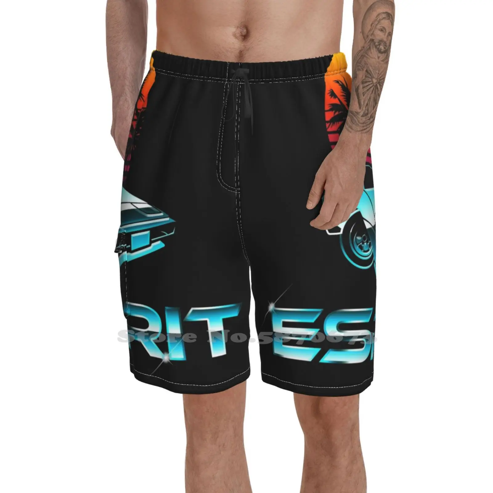 

Lotus [Black] Fashion New Men'S Beach Shorts Lotus Retro Vintage Retrowave 80S 80 Eighties Eightees Synthwave Vaporwave