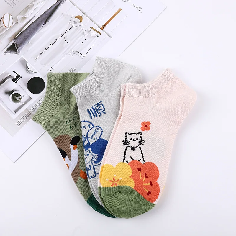 

Summer Fashion Man & Women's Socks Thin Cotton Ventilation Sweat Absorption Cartoon Cat Design Short Ankle Socks 3 Pairs
