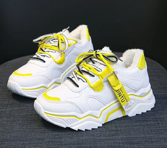 Yellow plus cotton Женские кроссовки на толстой подошве; модная женская обувь на платформе; обувь из вулканизированной ткани на шнуровке; женские кроссовки; обувь для папы; 89 - Цвет: Yellow plus cotton