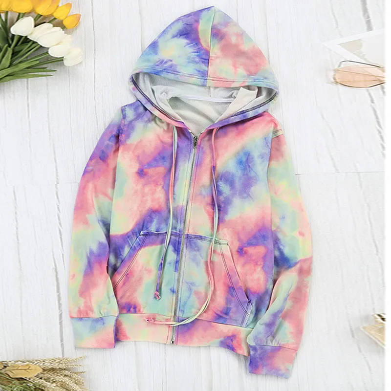 

Clothes for Teens Sweatshirt Women Tie-dye Printing Long Sleeve Zip Up Hoodie Warm Fashion Streetwear Plus Size Europe America