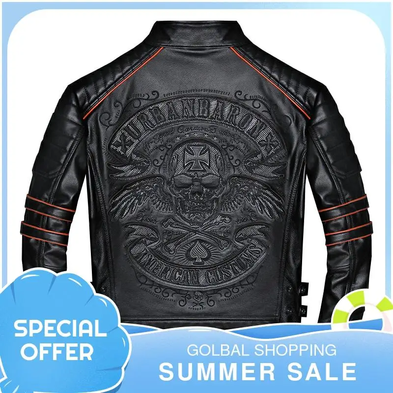 

2021 Black Men Skulls Embroidery Slim Fit Biker's Leather Jacket Plus Size 4XL Real Cowhide Short Motorcycle Coat FREE SHIPPING