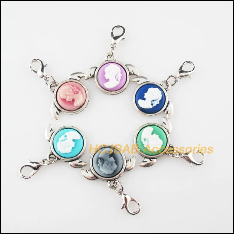

12Pcs Tibetan Silver Plated Beauty Round Frame Mixed Resin Charms Pendants With Lobster Claw Clasps 18x22mm