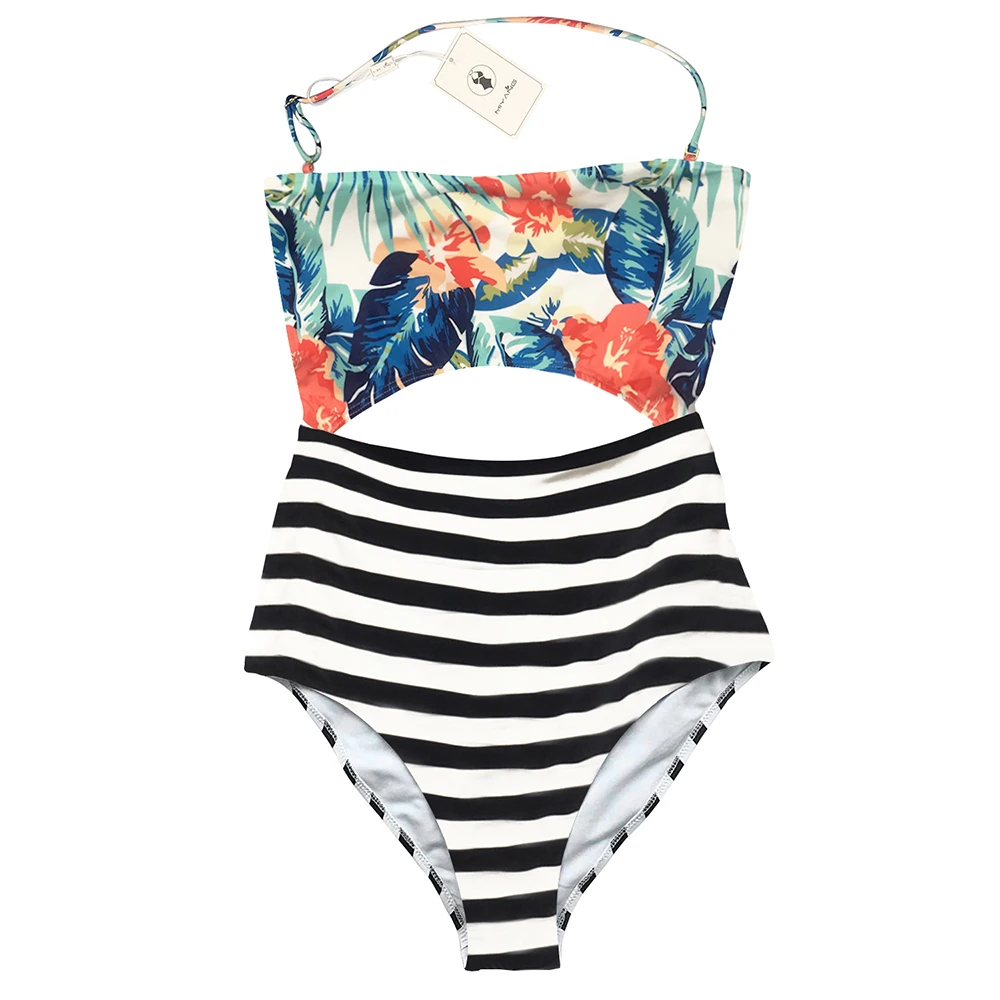 

Summer Mae One Piece Halter Swimsuit Cutout Leaves Printing Stripe Swimwear