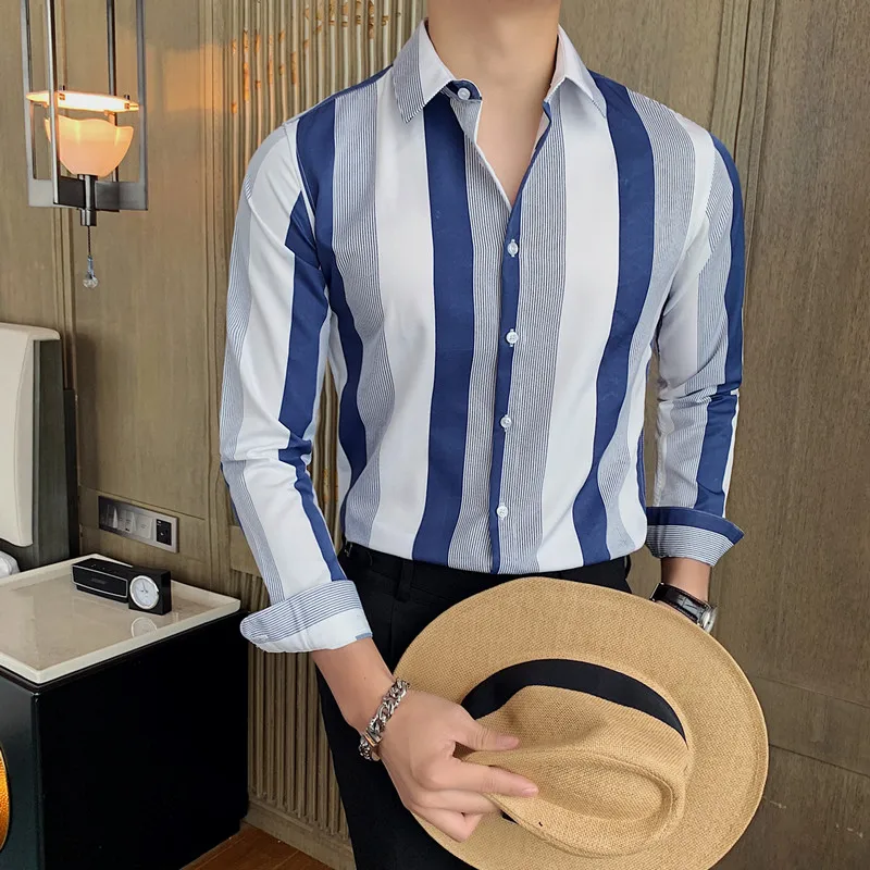 

2021 Brand clothing Men's premium pure cotton Business dress shirts/Male slim fit lapel stripe Long sleeve shirts Blue white red