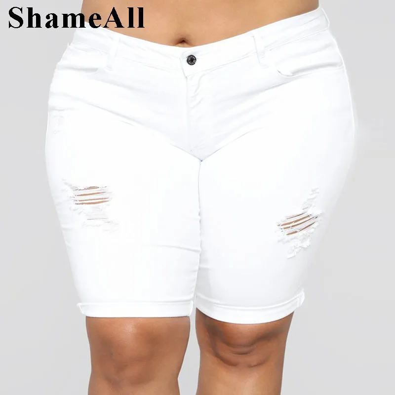 

Plus Size Ripped Holes White Skinny Short Jeans Women 4XL 5XL Summer Distressed Slim Casual Shorts Femme High Waist Mom Jean