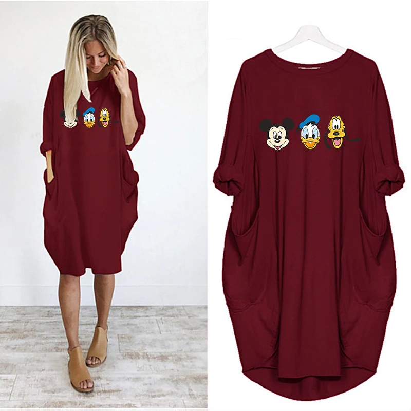 

Disney Woman Dress Friends Party Loose Autumn Print Dresses Long Sleeve Vestidos Cartoon Vintage Casual Pockets Robes Female