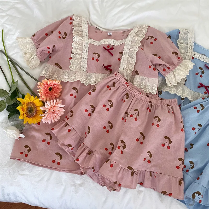 CAIYIER Sweet Lace Women Pajamas Set Summer Cute Pink Cherry Girl Nightwear Korean Short Sleeve Square Collar Princess Sleepwear