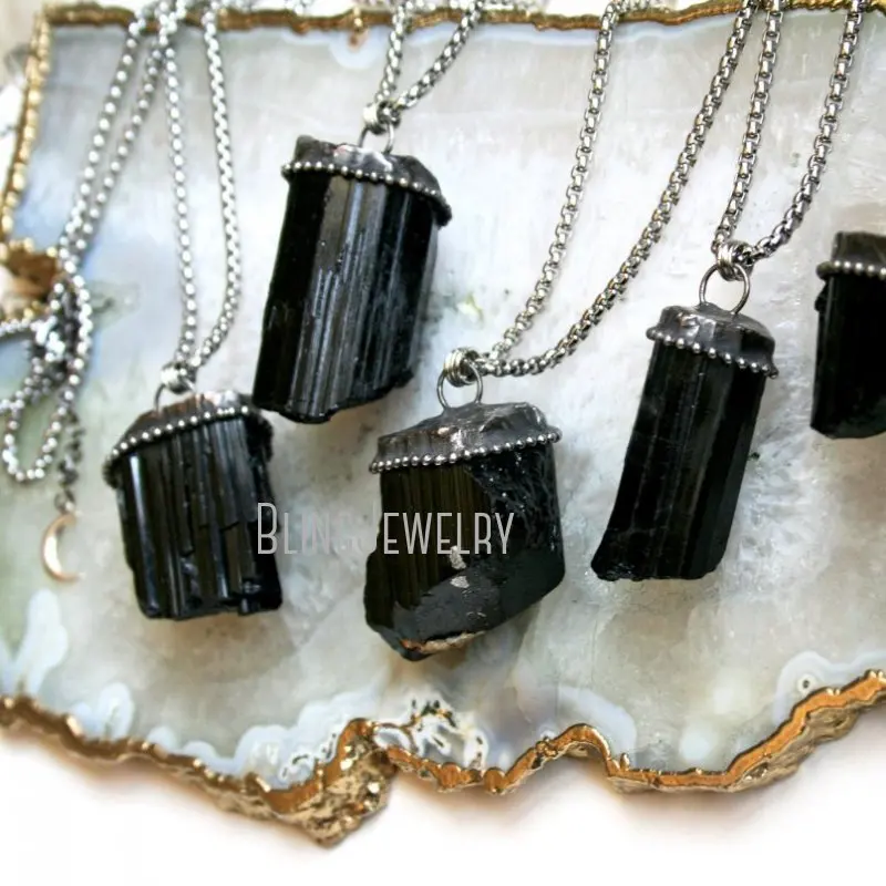 NM40389  Raw Black Tourmaline  Necklace Schorl Tourmaline Gemstone Crystal Statement Necklace Goth Witch Box Chain Necklace