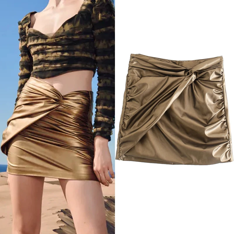 

TRAF Za 2021 Faux Leather Bandage Skirt Women Ruched High Waist Mini Skirts Woman Autumn Fashion Knot Sexy Tight Short Skirts
