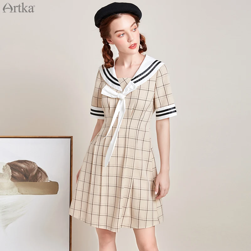 Женское платье в клетку ARTKA японское платье-трапеция стиле моряка модель LA25008X на