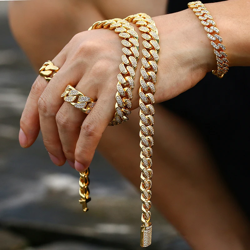 Золотая Мужская цепочка Miami Cuban Link ожерелье с блестящими фианитами и