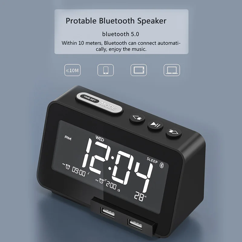 

FM Radio LED Digital Smart Bluetooth-Compatible Alarm Clock Watch Speaker Electronic Desktop Clocks USB Wake Up Clock Snooze