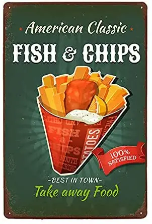 

American Classic Delicious Fish Chips Metal Sign Vintage Fast Food Dessert Shop Tin Sign Wall Decor Kitchen Cafe Diner Bar Sign