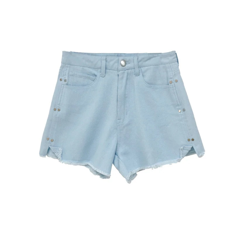 

TVVOVVIN Summer Rivet Decoration Split Denim Shorts Korean High Waist Short Solid Color Tassel Wide Leg Jeans Women Z8IT