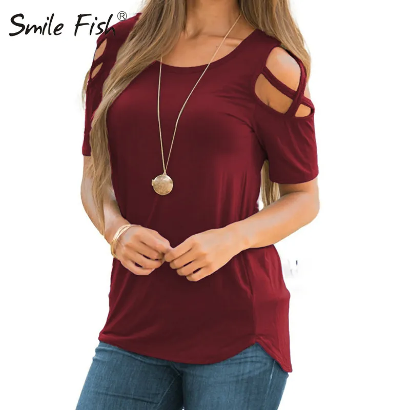 Женские повседневные однотонные футболки с открытыми плечами Крест короткий