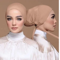 elastic inner hijab cap with back tie rope solid islam womens bonnet modal jersey turbanet plain muslim turban hejab underscarf