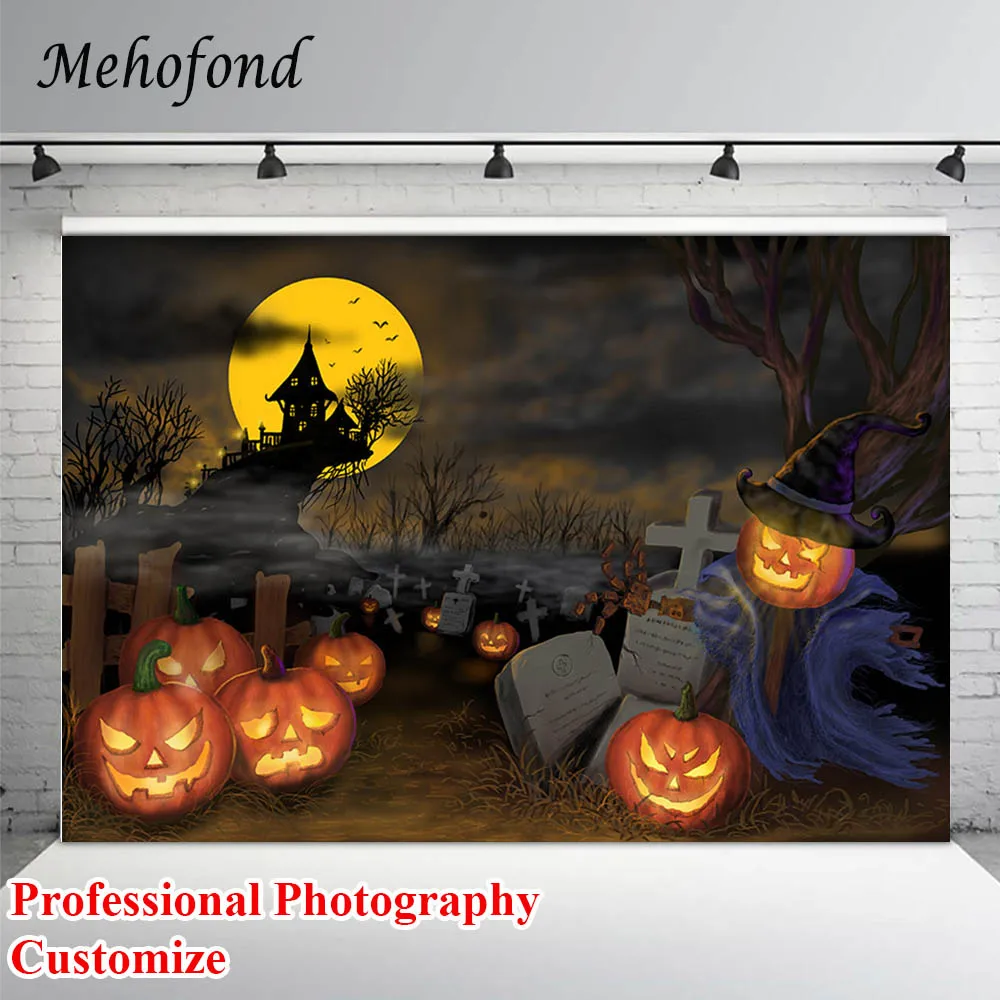 

Halloween Party Photography Backdrop Forest Cemetery Castle Moon Bat Pumpkin Lantern Photo Background For Photo Studio Photozone