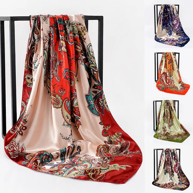 Головной шарф женский Хиджаб Шелковый атласный большой хиджаб с принтом кешью