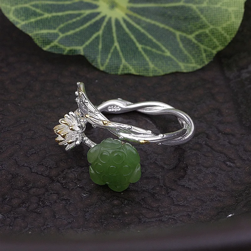 

Amxiu Natural Hetian Jade Ring 100% 925 Sterling Silver Ring Handmade Open Ring Lotus Flower Rings For Women Girls Accessories