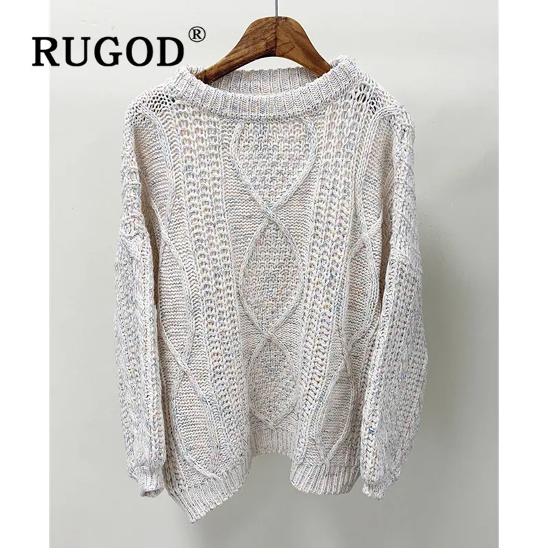 Женский вязаный свитер RUGOD однотонный теплый пуловер с круглым вырезом и узором в