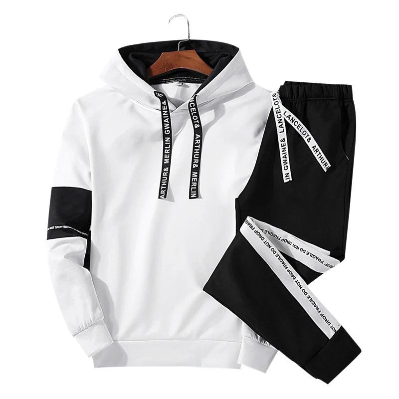 Plain Sportswear Men Sets Autumn Winter Hoodies Tracksuit Mens Casual 2 Pieces Set Hooded Sweatshirt+Pants jogging homme - Цвет: White 738
