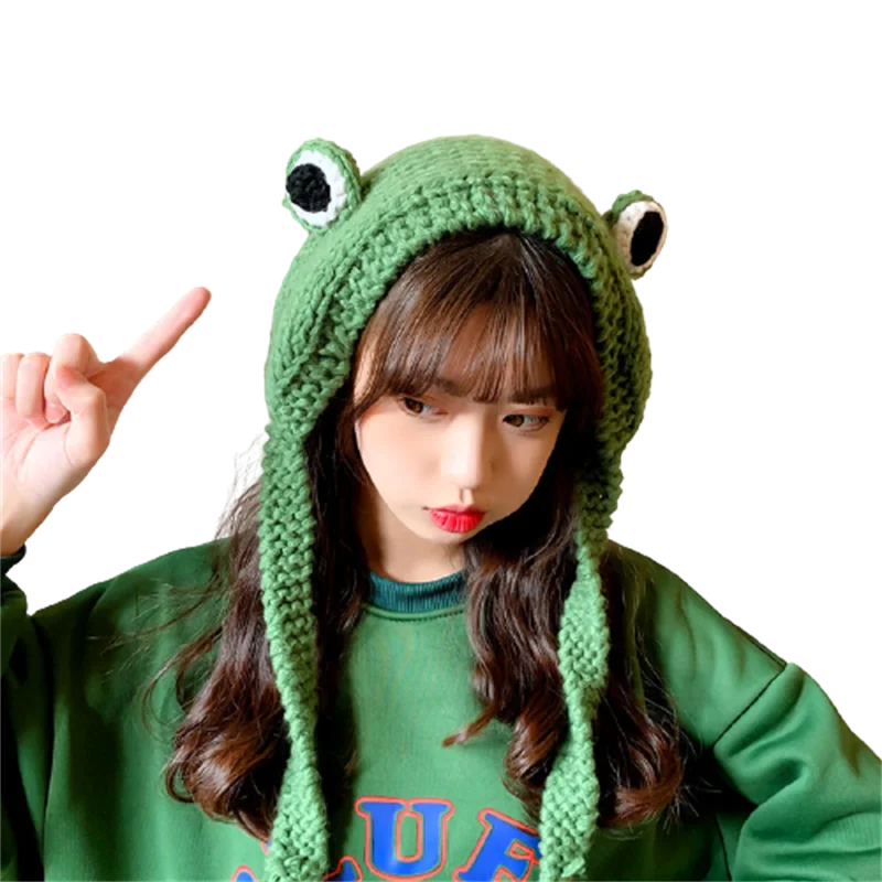 

Women Big Eyes Frog Hat Crochet Knitted Skullies Caps For Autumn Winter Ladies Fashion Cute Beanies Female Party Hip Hop Hats