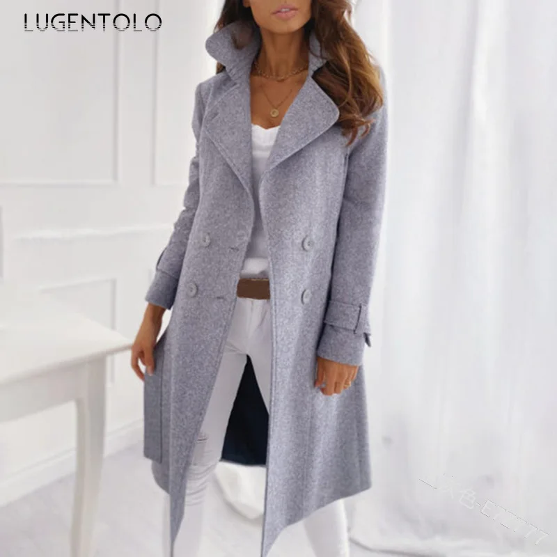 

Lugentolo Autumn Winter Women Wool Coat Solid Color Lady Casual Jacket Long Blends Coat Lapel Pocket Female Jacket Plus Size 5XL