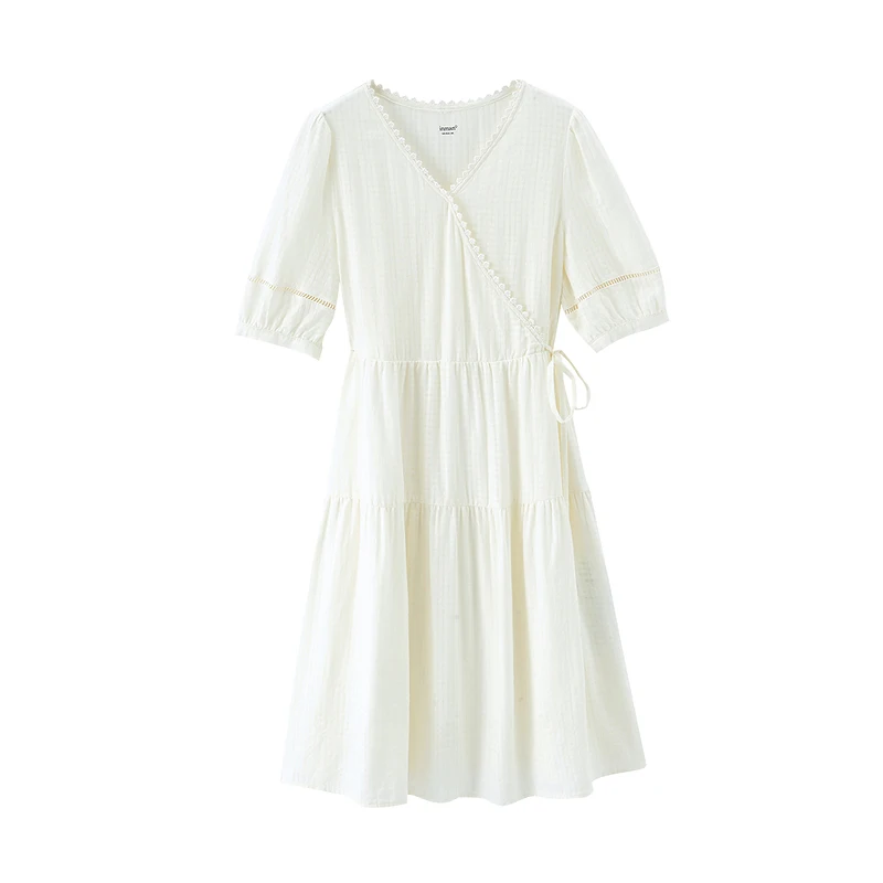 

INMAN Cute Pastoral Style Dress Women Lady Plaid Tie Up Wasit Lace Border V Collar Short Lantern Hollow Out Sleeve Artsy Dress