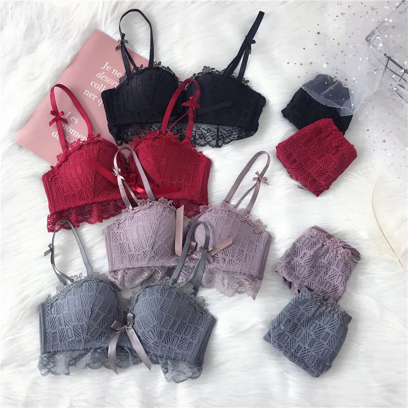 Кружевной бюстгальтер с бантом и двойными бретельками 2020|Комплекты нижнего