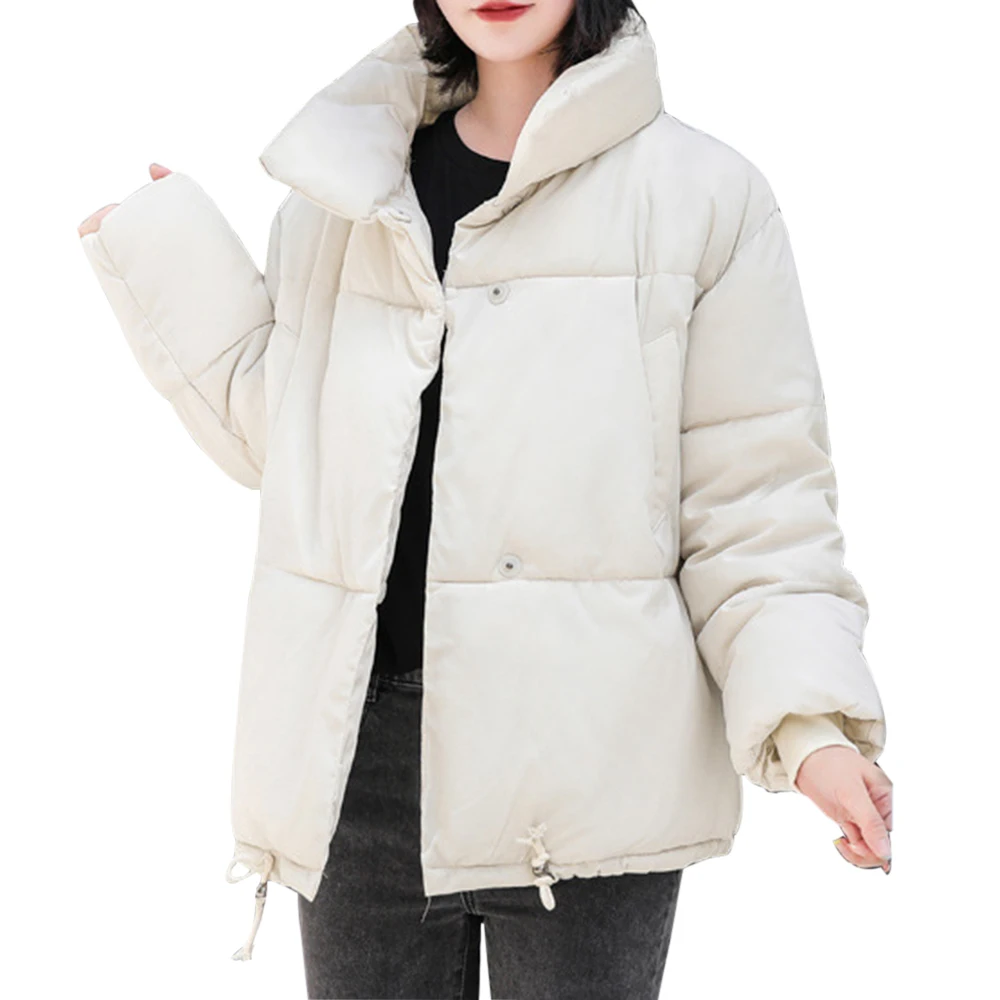 creamy-white PUIMENTIUA Winter Warm Jacket Women Stand Collar Solid Black White Female Down Coat Loose Womens Plus Size Short Parka New - Цвет: creamy-white