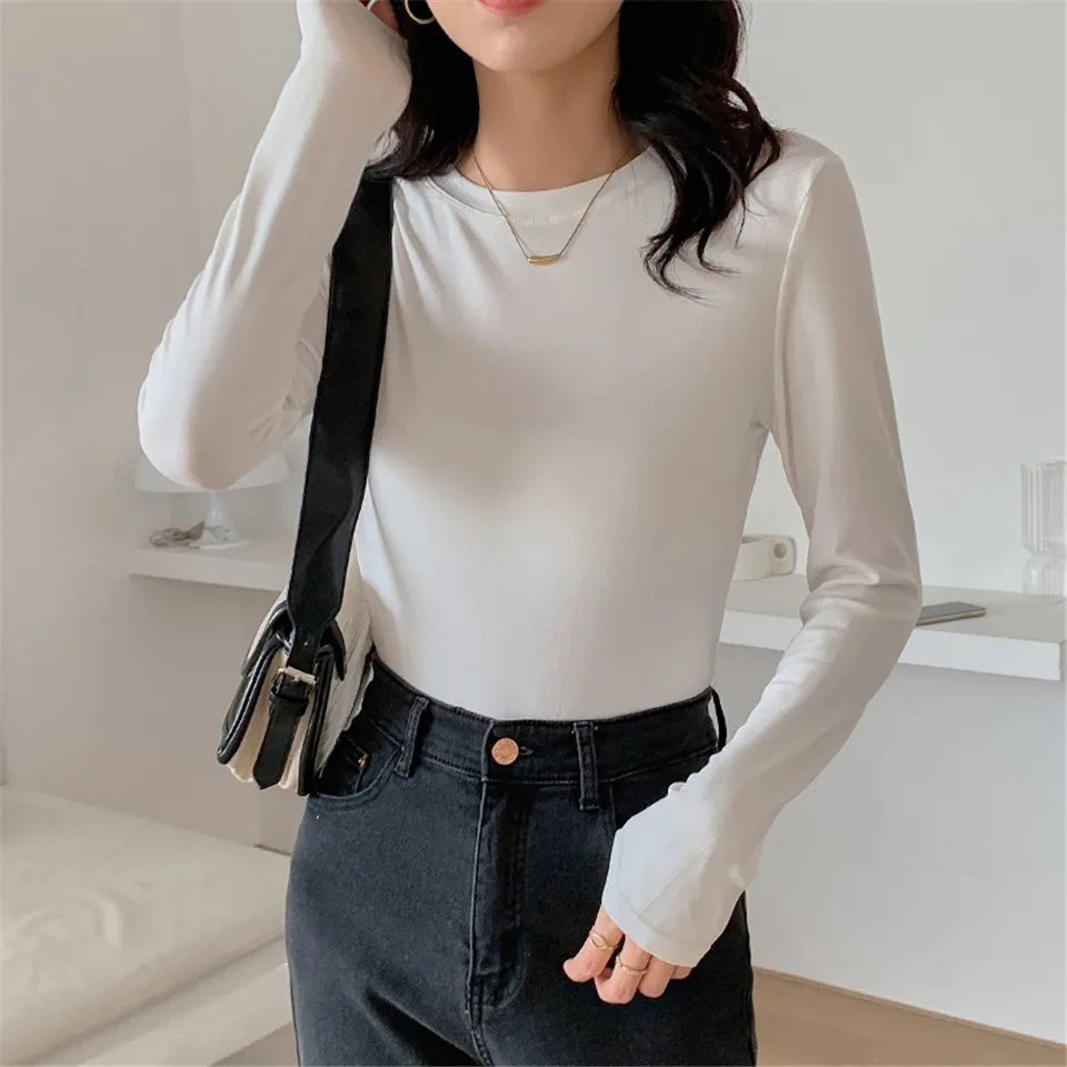 

Осенние тонкие однотонные футболки, топы, Женская Весенняя футболка с круглым вырезом, Модный повседневный Женский пуловер, футболка