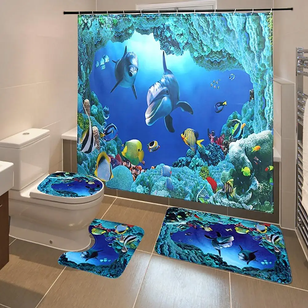 Подводный мир Ванная комната Душ занавеска пьедестал ковер крышка туалет коврик
