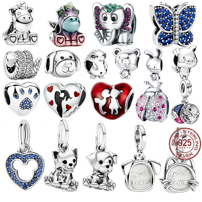 

New 925 Sterling Silver Family Cat Dog Beads Heart Unicorn Charm Fit Original Pandora Bracelet For Women DIY Jewellery Gift