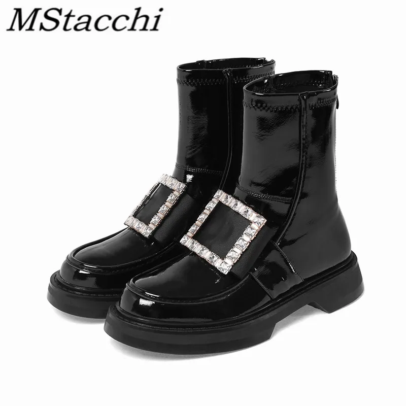 

MStacchi Casual Round Toe Woman Short Boots Crystal Back Zipper Black Thick Bottom Crude Heel Shoes Femme Mid-calf Boots Fashion