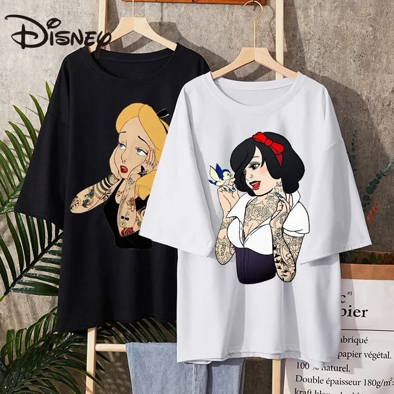 

Disney Alice in Wonderland white white print gothic Harajuku cotton loose short sleeve T-shirt anime clothes Tees
