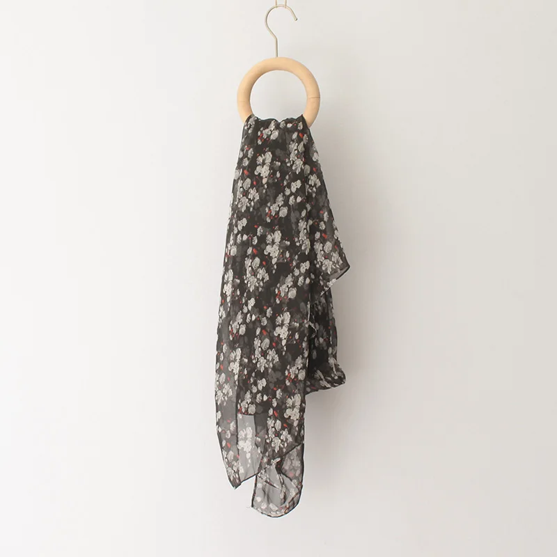 Women Silk Scarves Black Floral Flower Print Chiffon Sheer Scarf Lady Summer Thin Light Shawl Wraps Cover Up 190*90 Cm |