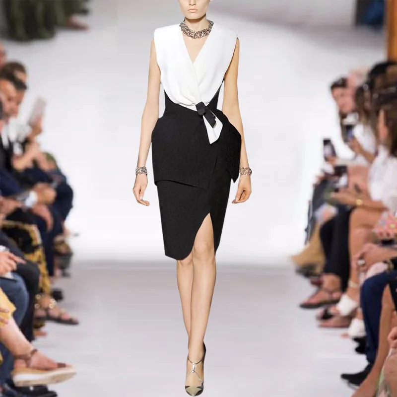 

2021 Summer Runway New Sexy V-Neck Sleeveless Bowknot Slim Temperament Mid-Length Black Dress High-Quality Women