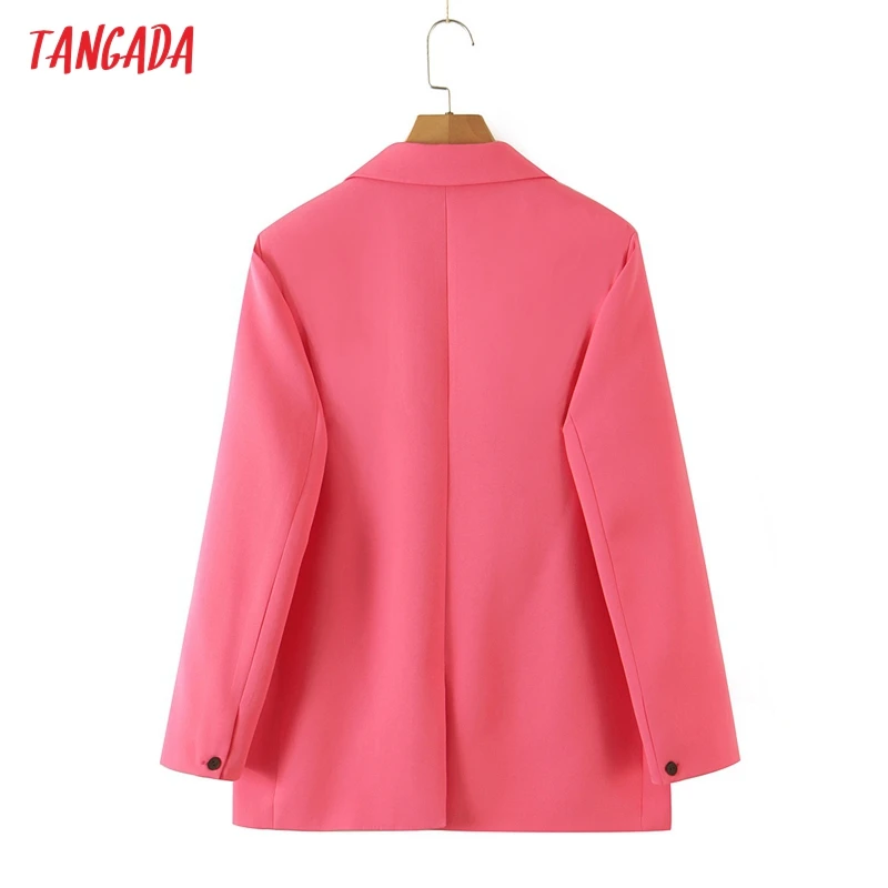 

Tangada Women Solid Pink Business Blazer Coat Vintage Double Breasted Pocket 2021 Fashion Female Work Chic Tops SL152