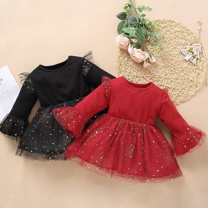 

Flofallzique 2020 Baby Girls Dress Solid Color Horn Cuff Sequins Fashion Kids Clothes For Party Wedding Autumn Cool Cold Season