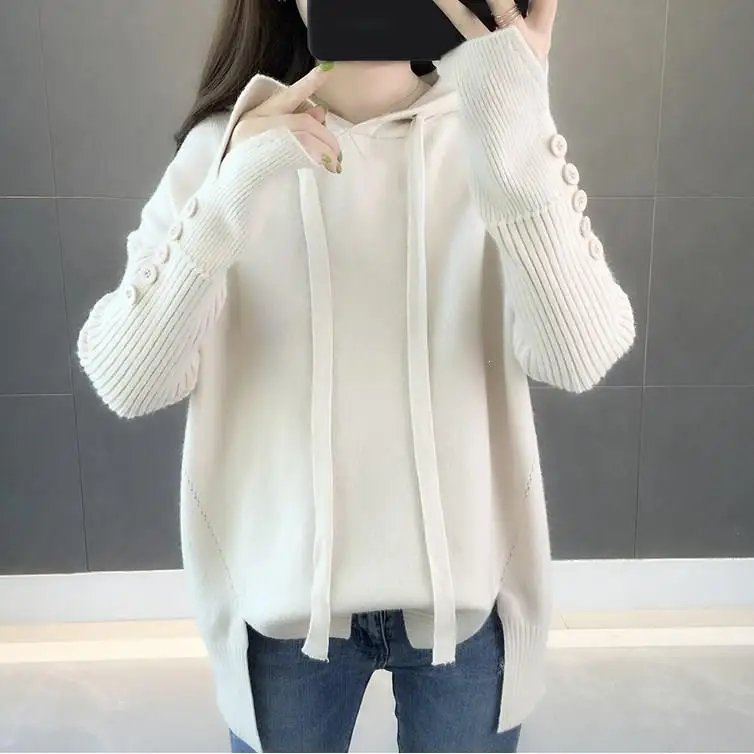 Autumn Loose Women Hooded Sweater Button Solid Knitted Office Lady Casual Jumper Pullovers | Женская одежда