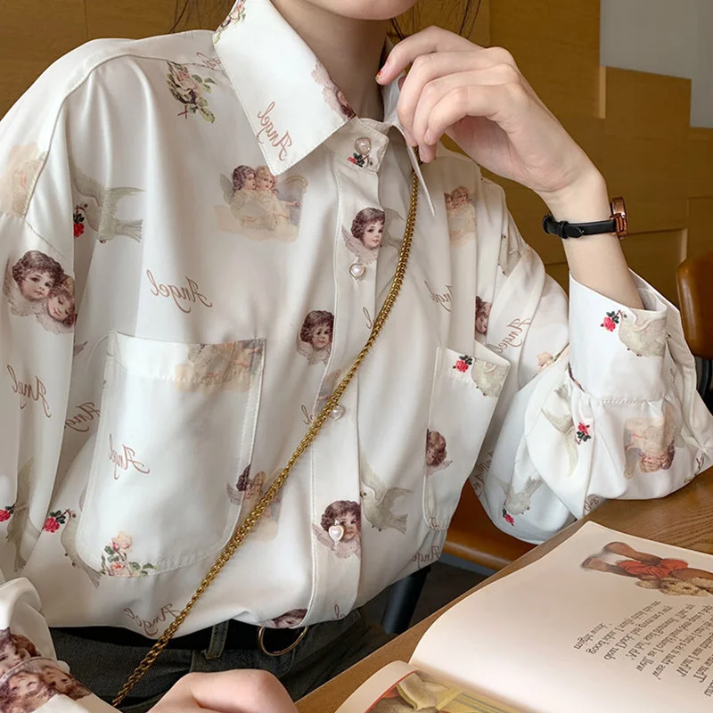 

Mulheres Vintage Elegante Blusa Feminina Lanterna Manga Roupas Solto Camisa Bf Shirt Top Album Tee Harajuku Anjo Imprimir Camisa