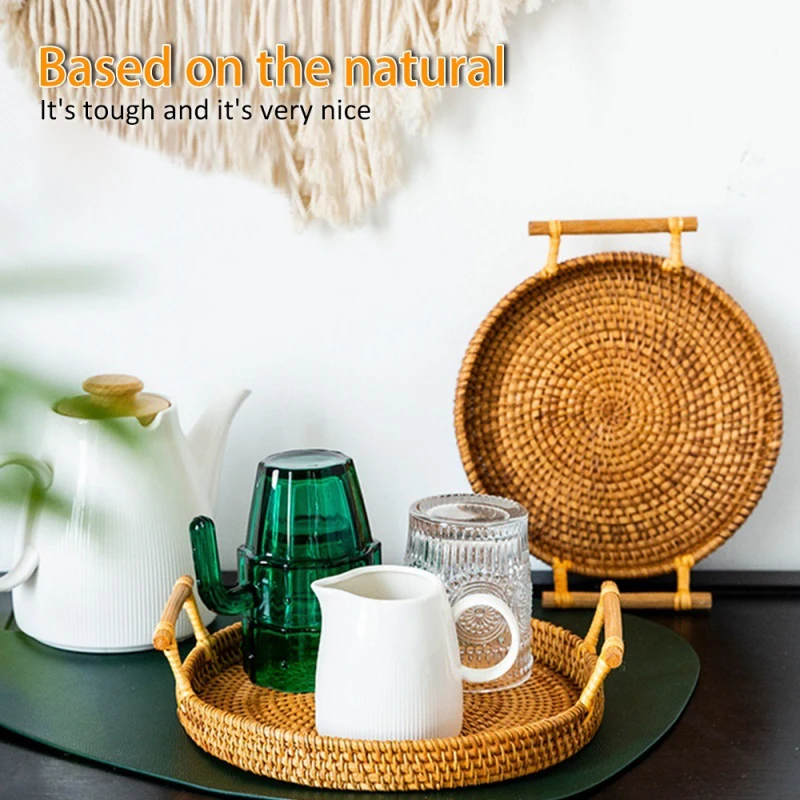 Лоток для хранения из ротанга с ручкой Круглый лоток ручной работы плетеная