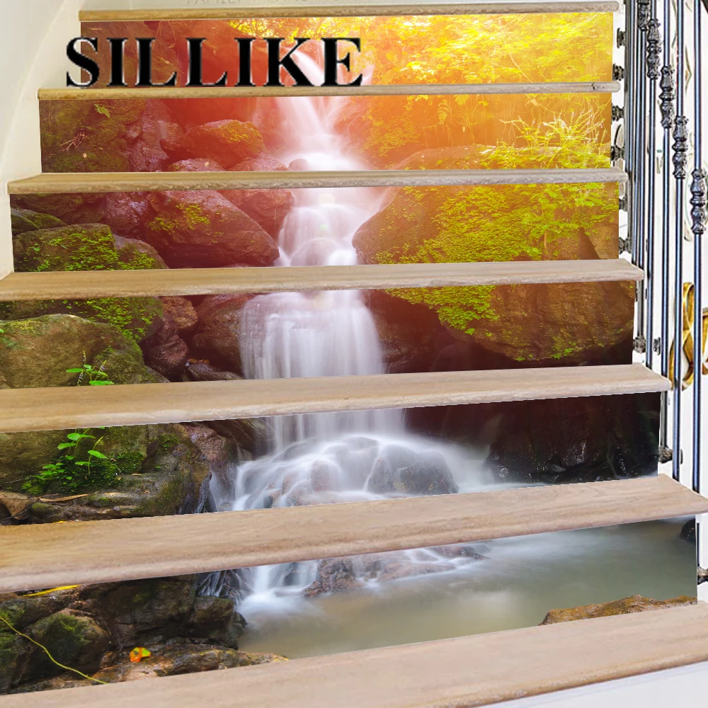 

SILLIKE18*100cm*6pcs Waterfall Stair Riser Sticker Waterproof PVC Self-adhesive for Stairway Bathroom Kitchen Living Room Decor