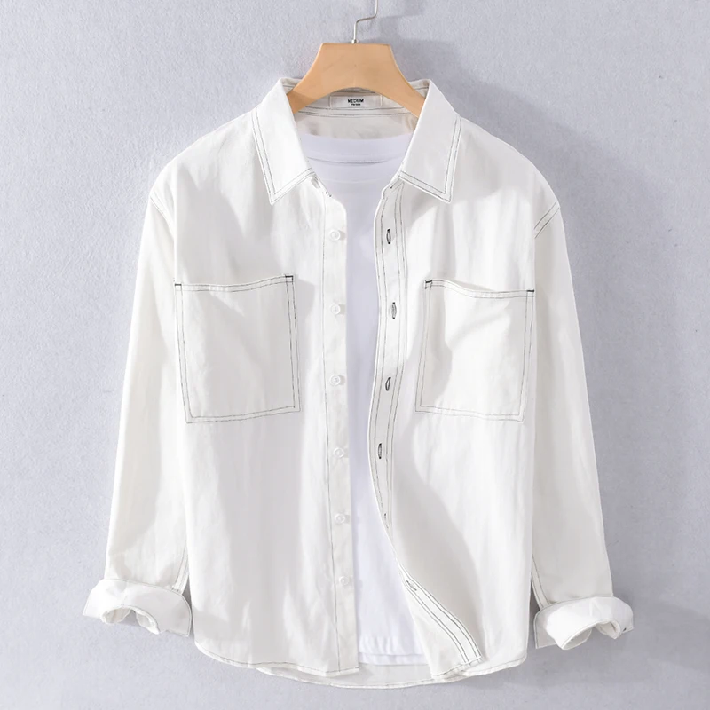 

Рубашка мужская с длинным рукавом, хлопок, Повседневная Удобная сорочка, белый цвет, весна-осень