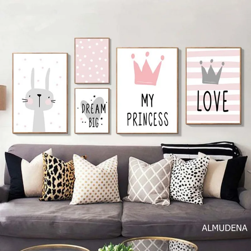 

Pink Cartoon Nursery Girl Wall Picture Poster & Print Rabbit Crown Baby Room Modern Canvas Painting Kids Children Wall Art Mural