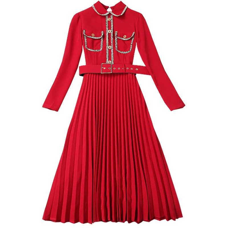 

Early Spring Hepburn Style Dress Women New Winter Sashes Pleated Dress Medium Long Full Sleevele Pocket Diamond Sweet Dress