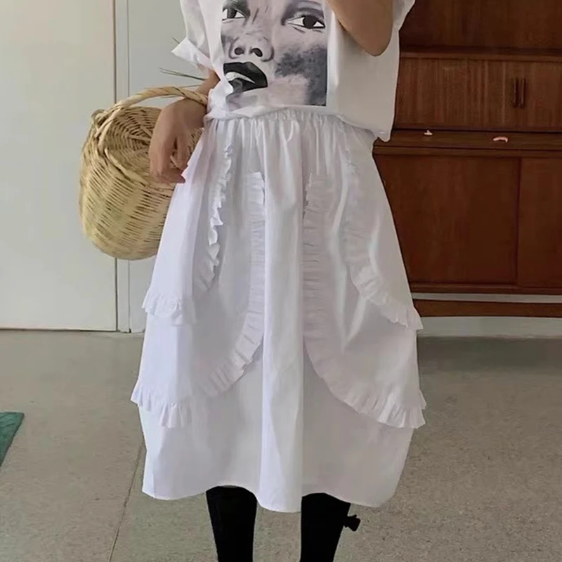 

GALCAUR Casual White Skirt For Women High Waist A Line Ruffles Ruched Oversize Skirts Female Fashion Clothing 2021 Summer Style