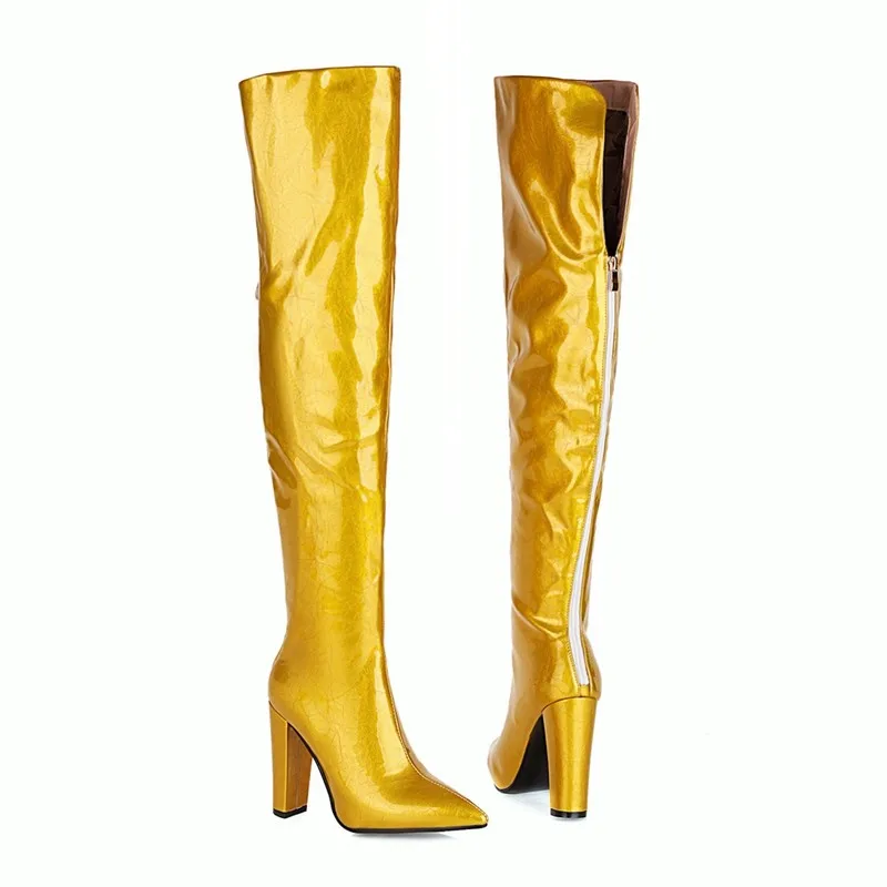 

Women Over The Knee Thigh High Long Boots Women 2020 Trend Patent Leather Super High Heels Zip Winter Shoes Silver Big Size 42