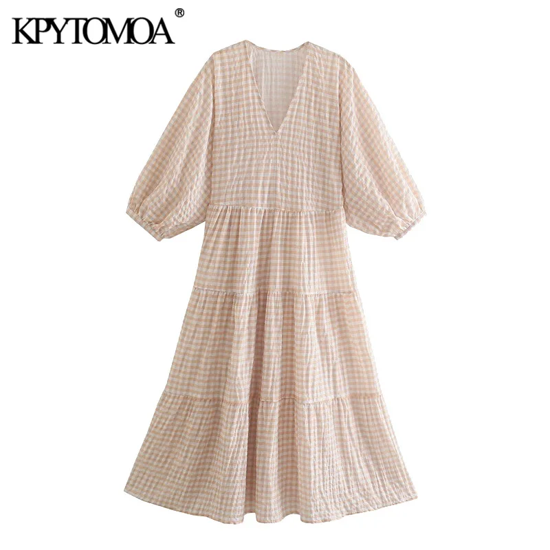 

KPYTOMOA Women 2021 Chic Fashion Tiered Hem Check Midi Dress Vintage V Neck Puff Sleeve Female Dresses Vestidos Mujer