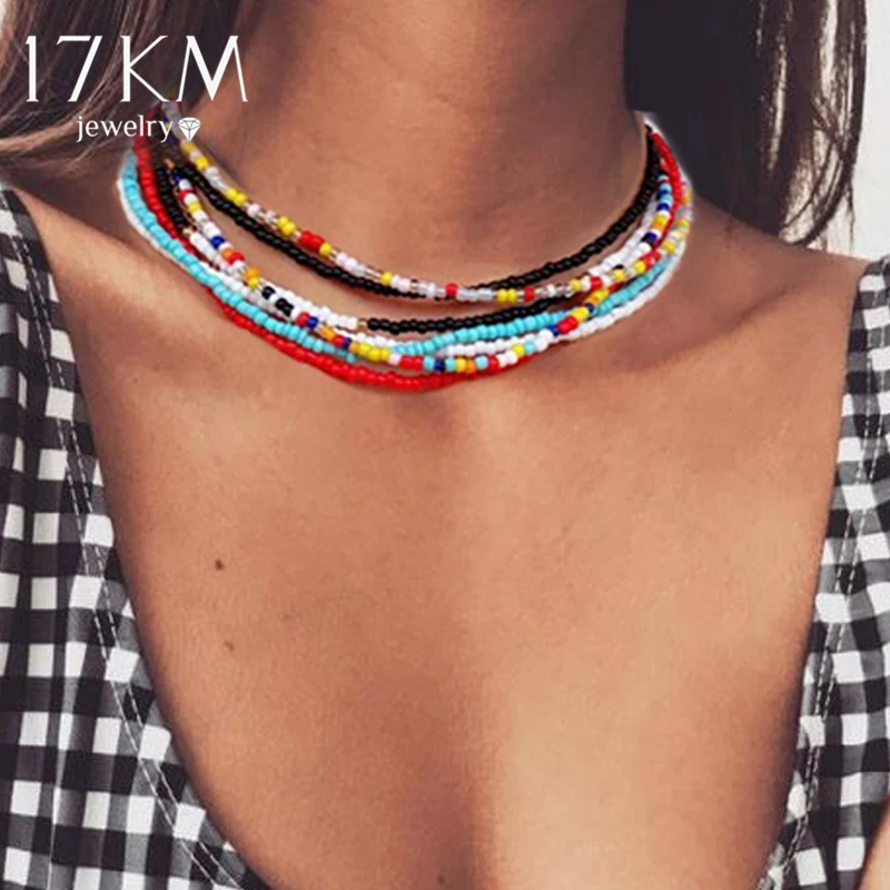 

17KM Trendy Bead Strand Beaded Choker Necklace For Women Bohemian Colorful Handmade Short Daisy Pearl Necklace Collar Jewelry